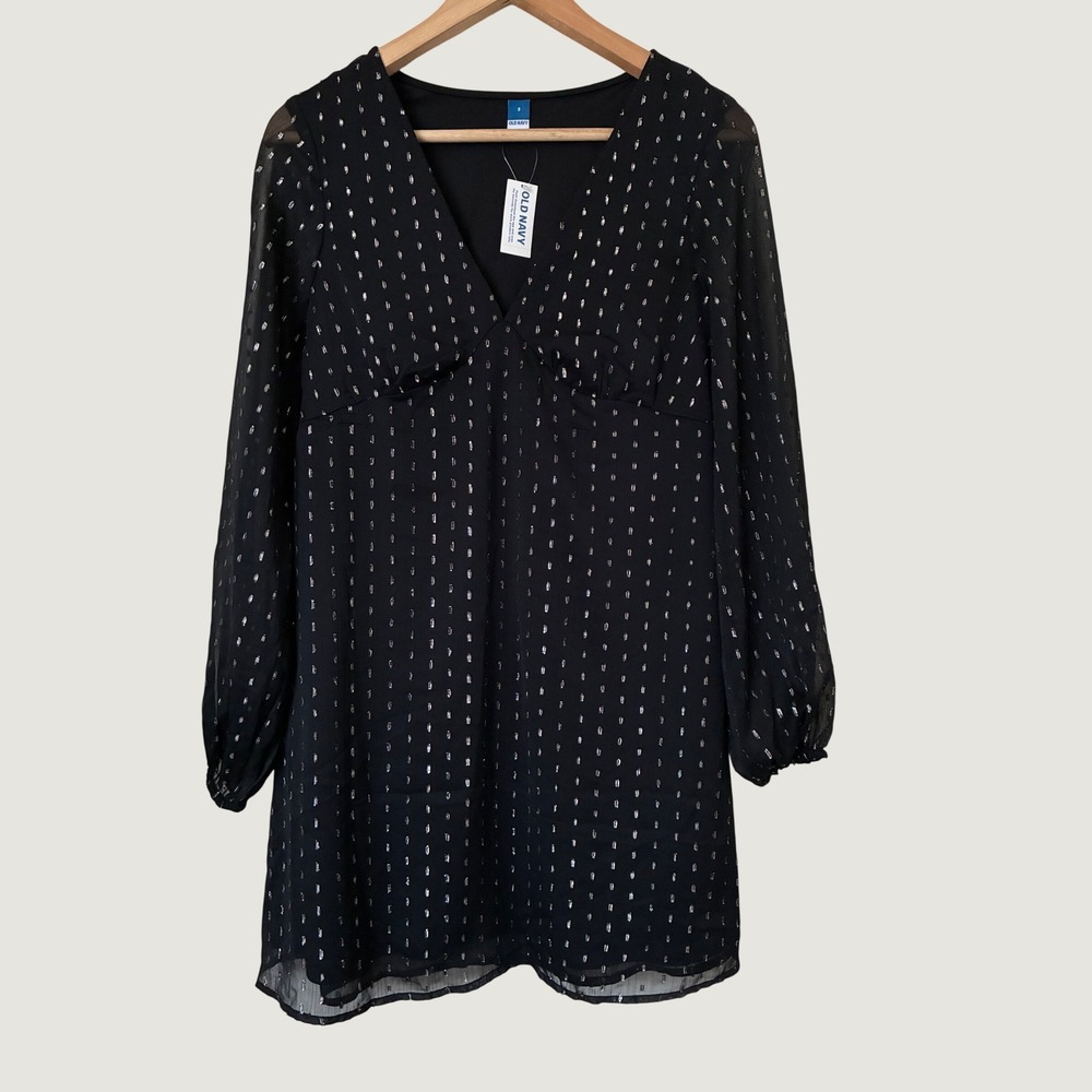 Old Navy Babydoll Black Silver Metallic Clip Dot V-Neck Long Sleeve Mini Dress S